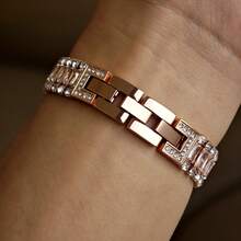 15cm-18cm Stainless Steel Metal Watch Band For Apple Watch, Suitable For Office, Fitness, Party, Fashionable Rhinestone Design, Comes With Connectors And Adjustment Tool, Fits Apple Watch S10/Ultra 1/Ultra 2/S9/S8/S7/S6/S5/Series 4/SE, 40mm/41mm/42mm/44mm/45mm/46mm/49mm Dial Size, Black/Rose Gold/Silver/Gold