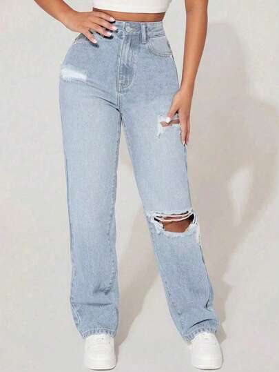 Teen Girls' Light Blue Casual Cat Whisker Distressed Straight Leg Jeans