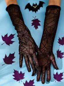 1 Pair Lace Fingerless Gloves, Cartoon Spider Web Design For Halloween Stage Performance, Black
