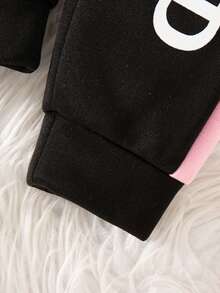 2件套女婴休闲时尚字母蝴蝶结印花长袖连帽卫衣和裤子套装，带保暖内衬，秋冬季 - 黑色 - 查看 9