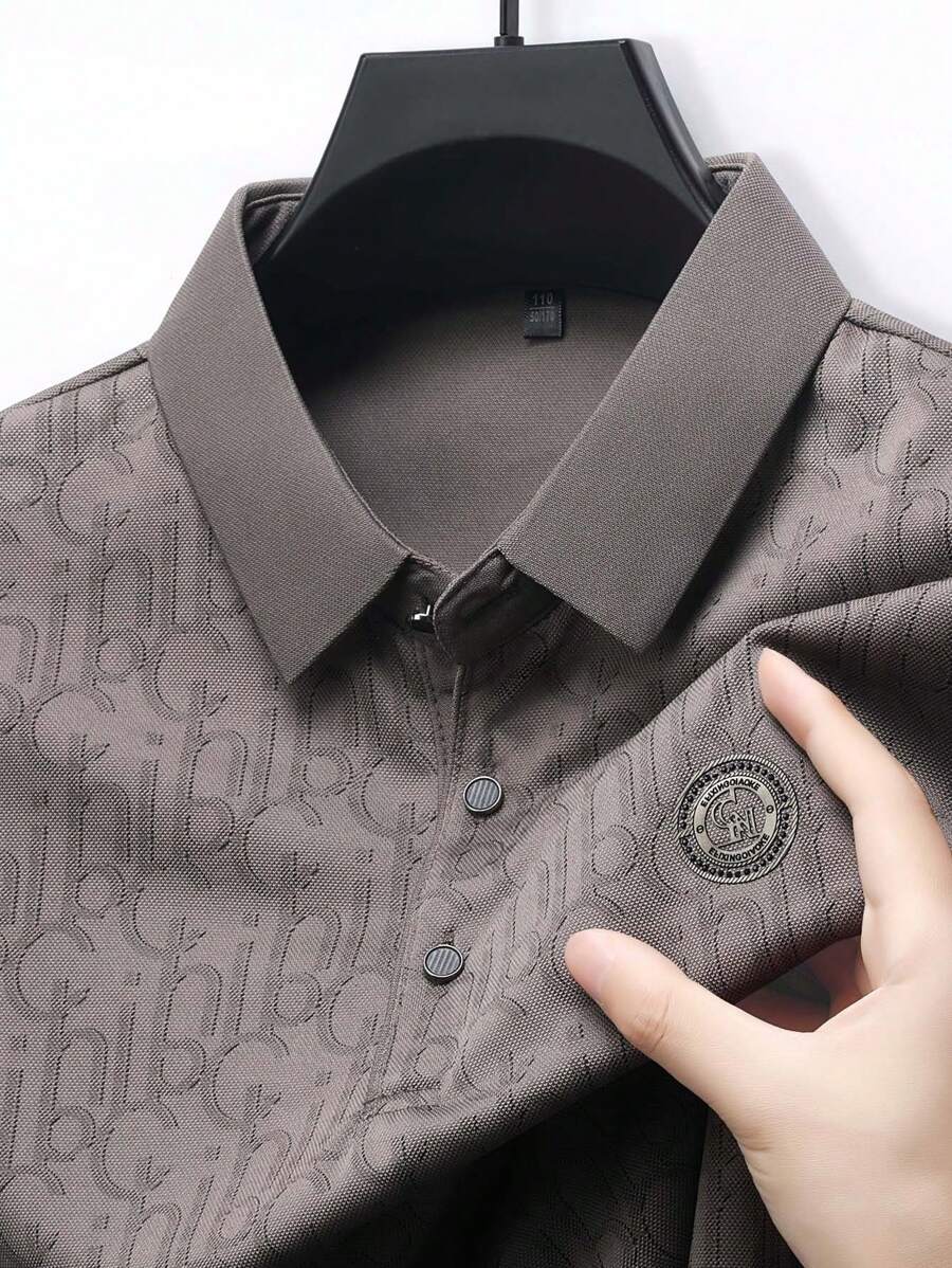 Men's Summer Letter Print Pique Knit Polo Shirt, Waffle Pattern Collar, Lightweight Business Casual - Brown - View 1