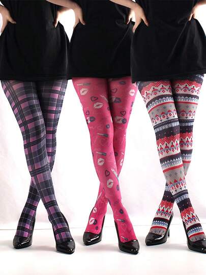 1pc Women's Sheer Pantyhose, Red Lip, Plaid & Star Print Tights, Suitable For Daily Wear, Parties, Performances, Gift