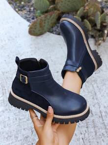 秋冬女士时尚 Y2K 侧拉链假日休闲度假扣环踝靴 - 寶藍色 - 查看 7
