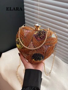 Túi xách hình trái tim bất đối xứng họa tiết hoa mùa hè, Ví cầm tay dự tiệc tối thanh lịch dành cho quý cô, Túi đeo vai dự tiệc, Ví cầm tay dự tiệc trang trọng, Túi đeo chéo xích, Ví đựng son môi và tiền xu - màu nâu - Xem 2