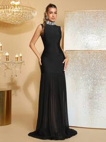 Đầm dạ hội dài tay đính hạt kim cương đính đá thủ công màu đen gợi cảm hở vai, dáng ôm vừa vặn, sang trọng dành cho khách dự tiệc cưới, tiệc ngày lễ, tiệc tối trang trọng dành cho quý cô - màu đen - Xem 3