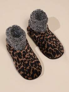 1 Pair Plus Size Black Leopard Print Thermal Lined Floor Socks, Warm Indoor Home Socks For Women, Suitable For Yoga, Sleeping, Carpet - Multicolor - View 3