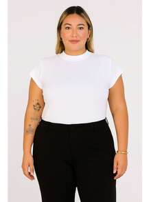 T-Shirt Muscletee Blouse Plus Size In Black Brown White Cotton Knitted Fabric Office Spring Summer - Putih - View 1