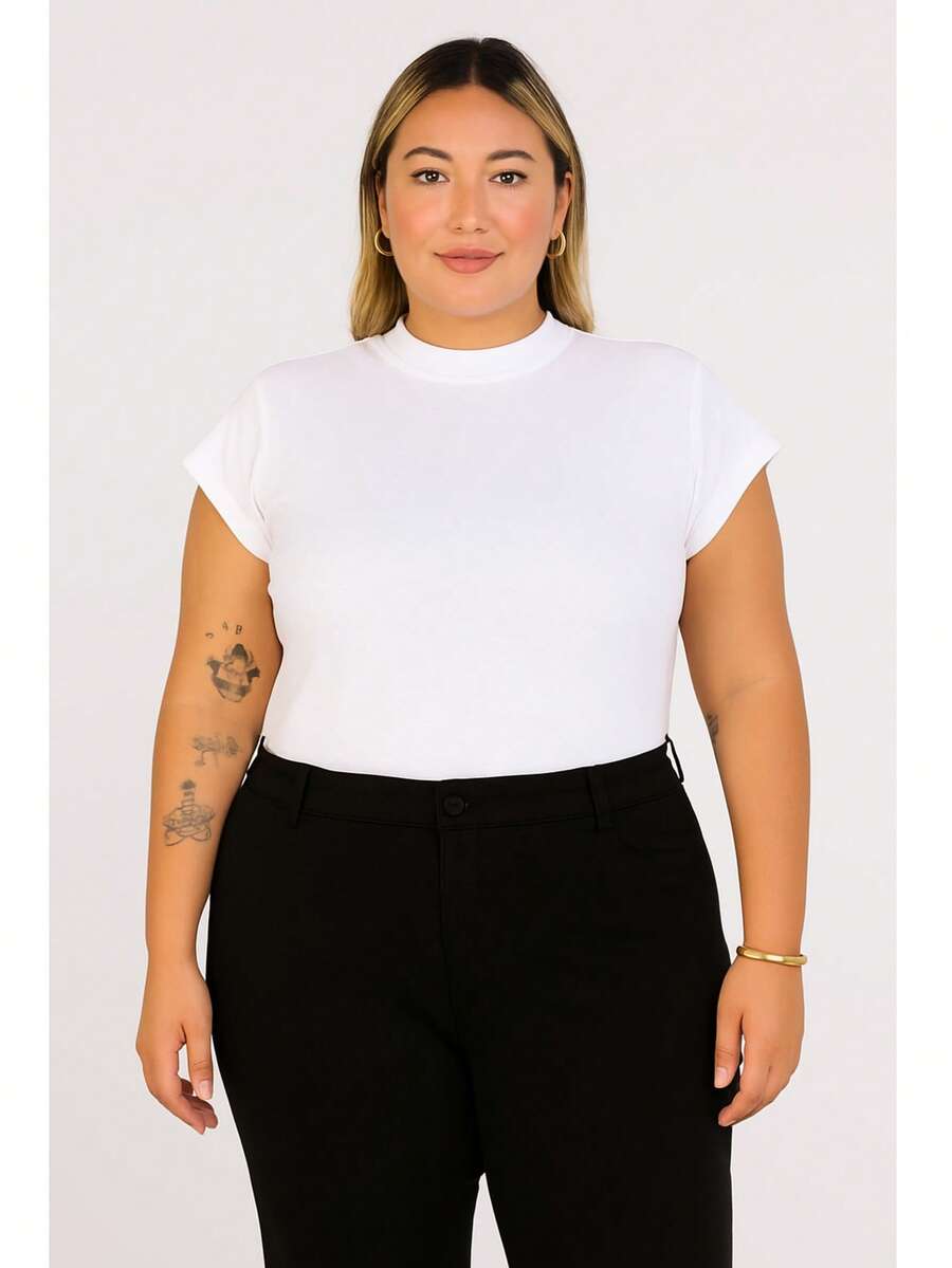T-Shirt Muscletee Blouse Plus Size In Black Brown White Cotton Knitted Fabric Office Spring Summer - Putih - View 1