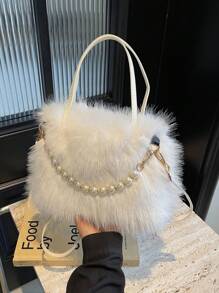 White Plush Women Handbag, Fashion Faux Pearl Hand Bag, Fuzzy Furry Shoulder Bag, Versatile For Dating, Commuting, Elegant Faux Pearl Bag, New Arrival Fur Bag For Women , New Year - White - View 2