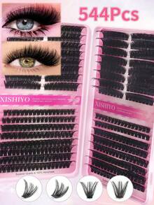 544pcs Cat Eye Individual Cluster False Eyelashes, 10-18mm, Suitable For Left & Right, Can Be Used In Pairs, Thick & Natural, Lightweight & Soft, Ultra-Light, Suitable For DIY Eyelash Extension, Suitable For Beginners, Daily Life, Gift Sets, Travel, Music Festivals, Also An Essential Decoration For Halloween, Christmas And Other Holidays - 彩色 - 查看 4