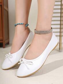 OFFWIND 女士优雅白色芭蕾平底鞋，春夏新款，百搭低帮舒适柔软轻便鞋，饰有蝴蝶结，方便穿脱，适合工作场合。 - 白色 - 查看 4