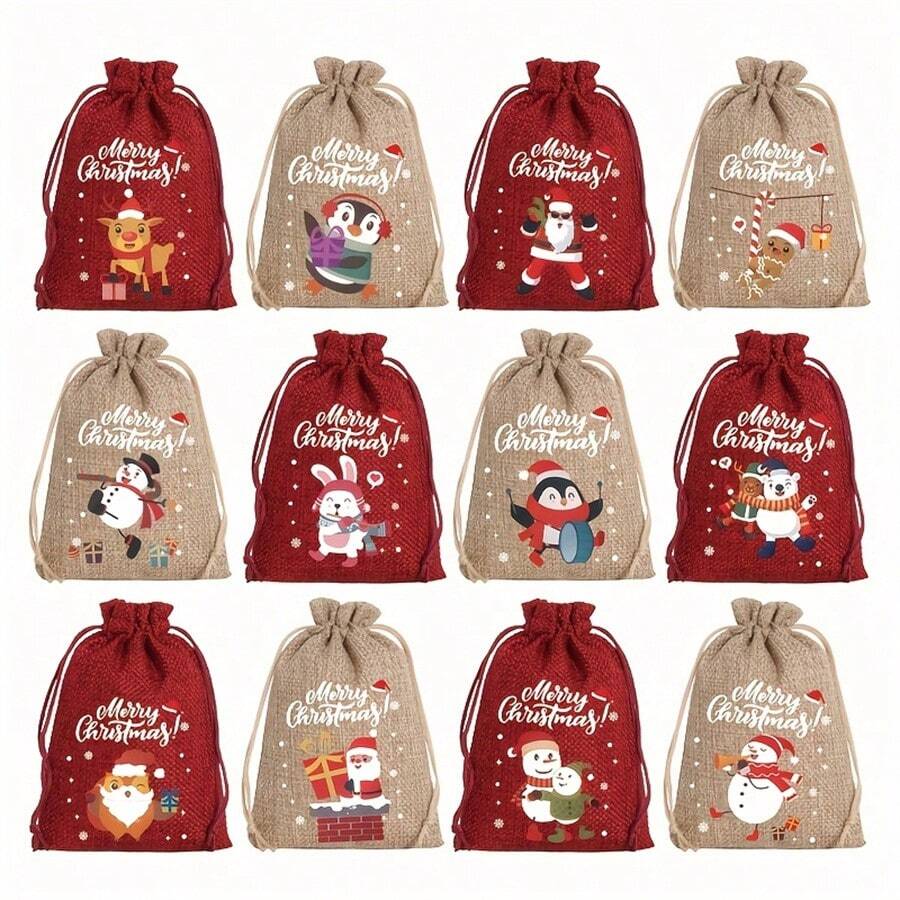 12 pezzi Borse regalo in iuta per Natale con laccio, 10x14cm, decorate con Babbo Natale e folletti, adatte per gioielli, caramelle e piccoli regali, perfette per feste natalizie e decorazioni natalizie, regali di Natale