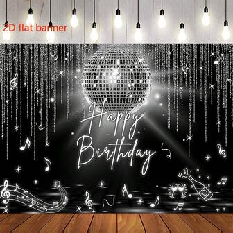 2D Flat Vintage Disco Birthday Party Background, Shiny Silver Balls, Music Notes And Speakers Design, Retro Nightclub Dance Floor Photography Backdrop, For Celebration And Events, Disco Party Decor