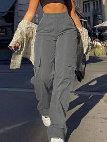 Flap Pocket Solid Color Cargo Pants, Y2K Slant Pocket Button Front Every Day Pants, Women's Clothing - Dark Grey - View 2