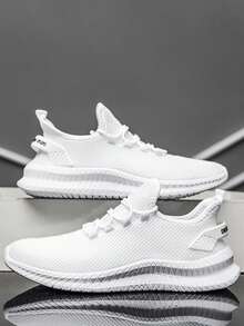 男士步行鞋，超轻网球跑鞋，网眼面料防滑休闲舒适健身运动鞋，透气白色 2000 年代风格情人节创意 - 白 - 查看 2