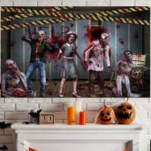 1pc Halloween Party Backdrop Banner - Scary Zombie, Bloody Handprints, Asylum Background - Multipurpose Indoor/Outdoor Decor, Photo Backdrop, Scene Setter, Halloween Party Decoration - Multicolor - View 3