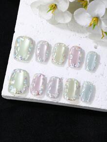Bộ 10 móng giả kiểu Pháp, hình thang ngắn, thiết kế thủ công tinh tế, phong cách Pháp cao cấp, sơn gel, kim tuyến, hiệu ứng mắt mèo, ánh kim loại, độ che phủ toàn bộ móng, bao gồm 1 tuýp gel dạng gel, 1 dụng cụ mài móng và 1 cuộn băng dính dũa móng. - Nhiều màu - Xem 4