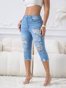 Women Fashion Casual Ripped Capri Jeans, Slim-Fit Elastic Denim Pants, Classic Fringes, Machine Washable - 淺色水洗藍 - 查看 4