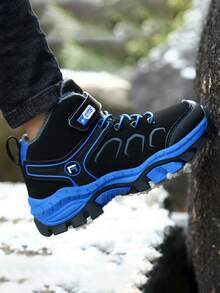 1 双儿童高帮雪地靴，保暖内衬加厚保暖户外靴，狼牙扣防滑登山鞋，男童女童冬季鞋 - 黑藍色 - 查看 7