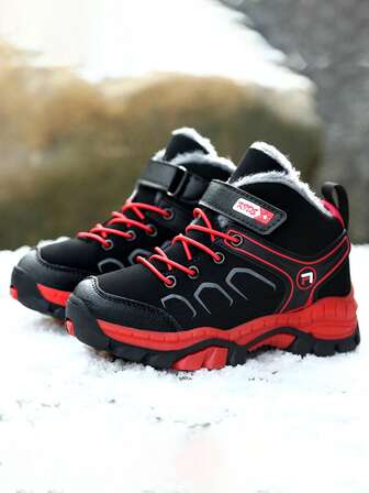 1 双儿童高帮雪地靴，保暖内衬加厚保暖户外靴，狼牙扣防滑耐用登山鞋，男童女童冬季鞋
