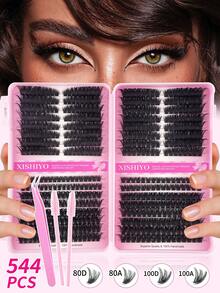 544pcs Cat Eye Individual Cluster False Eyelashes, 10-18mm, Suitable For Left & Right, Can Be Used In Pairs, Thick & Natural, Lightweight & Soft, Ultra-Light, Suitable For DIY Eyelash Extension, Suitable For Beginners, Daily Life, Gift Sets, Travel, Music Festivals, Also An Essential Decoration For Halloween, Christmas And Other Holidays - 彩色 - 查看 8