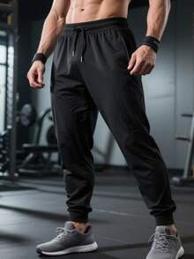 Pantalon de sport décontracté léger pour hommes, tissu soyeux élastique et séchage rapide, automne - Noir - Voir 3