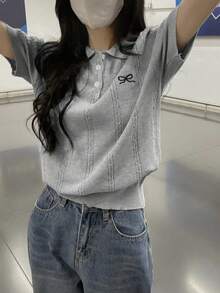 夏季韩版高领粗针织蝴蝶刺绣短袖上衣 - 灰色 - 查看 4