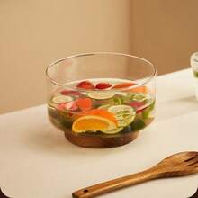 1 bát thủy tinh đựng salad tiện dụng có đế gỗ, bát đựng đồ tráng miệng phong cách Bắc Âu sáng tạo, thiết kế nhà tối giản và thời trang, thích hợp đựng salad, đồ ăn nhẹ, các loại hạt - không họa tiết, đĩa đựng trái cây trên mặt bàn bếp, đĩa đựng salad và đồ ăn nhẹ tròn, thích hợp cho gia đình và nhà hàng, đồ dùng trên bàn ăn thiết yếu cho lễ Halloween và Giáng sinh - Nhiều màu - Xem 9