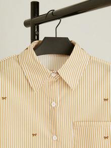 女士休闲通勤条纹蝴蝶结印花衬衫 - 黃色 - 查看 4