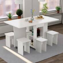 Folding Dining Table Set With 4 Chairs / Dining Table With Storage / Space-Saving Design / With 6 Wheels / Suitable For Family Gatherings And Afternoon Tea, White - 白色 - 查看 3