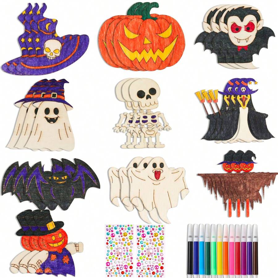 Juego de 20 plantillas de pintura de madera con temática de Halloween, que incluye 12 lápices de colores y 1 hoja de pegatinas perforadas, adecuado para manualidades - Plantillas de pintura DIY, que incluyen diseños como calabazas, fantasmas, esqueletos y pequeños diablos - Adecuado para decoración del hogar, regalos hechos a mano para Halloween y proyectos creativos!