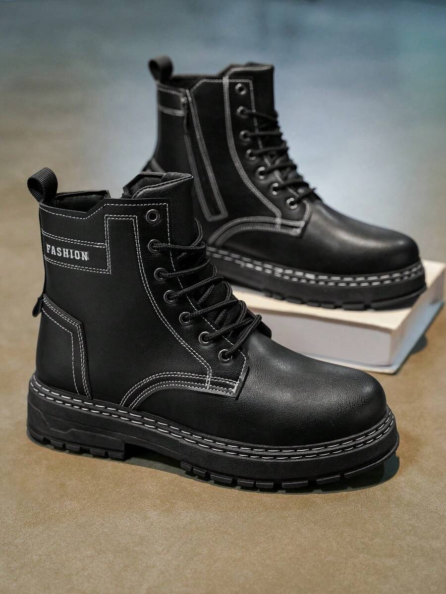 Men's High-Shine Pure Black Elevator Boots With Thick Soles Oxford And Dress Boots Big Size - Black - View 1