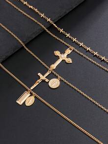 4pcs Znice Fashion Personalized Cross Pendant Necklace, Hiphop Unique Pearl Layered Choker Necklace, Gift For Father's Day And Mother's Day