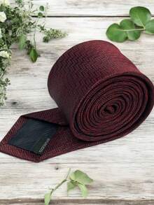 Luxury Men's Skinny Tie Polyester Silk Solid Color Polka Dots Slim Jacquard Groomsmen Tie - 酒紅色 - 查看 2
