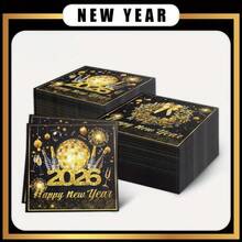 20张2026新年花环香槟色餐巾纸，黑色和金色，双层一次性纸巾，适用于圣诞节、新年派对装饰、节日装饰、桌面装饰、餐厅装饰、婚礼和节日使用 - 彩色 - 查看 3