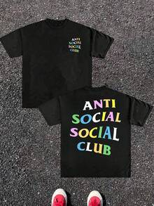 Anti Social Club Double Sided Digital Printed 220g Casual T Shirt 1pcs Men's Streetwear 100% Cotton Graphic Tee Relaxed Fit Tee For Urban Style - 黑色 - 查看 1