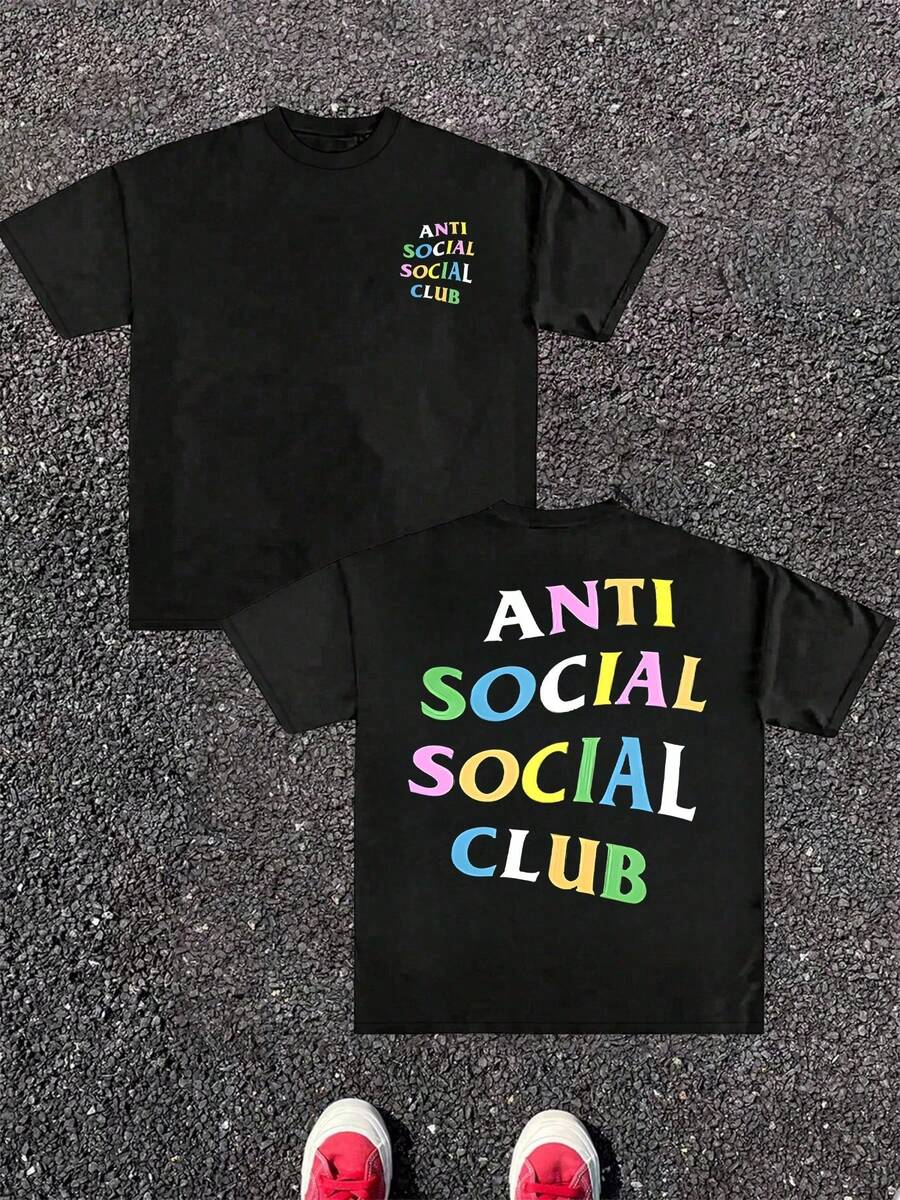 Anti Social Club Double Sided Digital Printed 220g Casual T Shirt 1pcs Men's Streetwear 100% Cotton Graphic Tee Relaxed Fit Tee For Urban Style - 黑色 - 查看 1