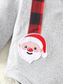 3pcs Christmas Baby Plaid Suspender Santa Claus Embroidered 2 In 1 Long Sleeve Bodysuit+ Red Plaid Pants + Hat Set
