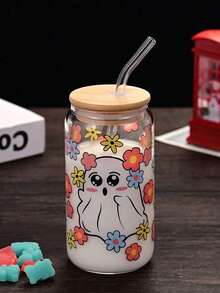 1pc Cute Halloween Glass Cup With Bamboo Lid & Reusable Straw - 500ml Jar Design, Bat, Spider, Ghost & Floral Decor, Suitable For Beer, Juice, Iced Coffee - Halloween Party Decor & Summer Beverage Container, Fun Drinking Glass, Bat Pattern, Durable Glass, Themed Glass Cup, Trick Or Treat