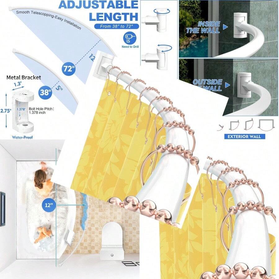Adjustable Curved Shower Curtain Rail Rustproof Expandable Aluminum Metal Shower Rod 3872 Inch Telescopic Design Exquisite Adjustable For Bathroom - White - View 1