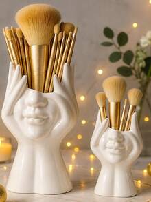 1pc Large Or Medium Hands Face Makeup Brush Holder, Vanity Organizer For Bathroom Countertop, Cosmetic Brush Storage Jar, Sculptural Makeup Organizer Cup, Minimalist Brush Stand For Bathroom, Bedroom, Dressing Table, Gift Idea - White - View 6