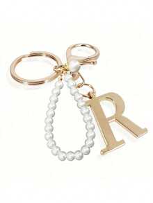 高级优雅金色珍珠字母钥匙扣，字母A-Z立体吊坠，优雅珍珠链闪钻（可根据个人喜好拆卸）时尚合金钥匙扣圈，耳机挂件，背包吊饰汽车钥匙扣 - 金色 - 查看 20