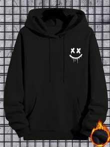Hombre003 sudadera con capucha para hombres de manga larga con estampados modernos, ideal para las temporadas de otoño e invierno, una sudadera casual y abrigadaGorra sudadera negra con estampa de sonrisa con ojos X y detalles de material interior representados por un fuego en la esquina inferior derecha(Tallas corren pequeñas, pide una talla  grande.) - Negro - Ver 1