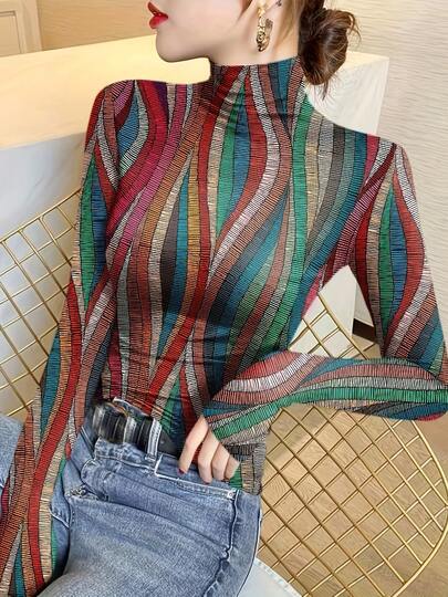 2024 New Spring/Autumn Women's Printed Long Sleeve T-Shirt, Slim Fit Mock Neck Casual Top