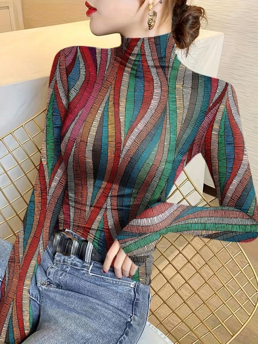 2024 春秋新款女式印花长袖T恤修身立领休闲上衣 - 彩色 - 查看 1