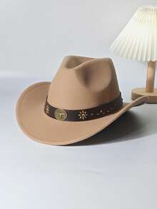 1pc Unisex Western Cowboy Hat, Decorated With A Detachable Floral Gemstone Bull Head Belt - 100% Polyester Hand-Woven Jazz Top Hat, Non-Elastic, Lightweight Design, Suitable For Outdoor Activities, Horseback Riding, Party Stage Performances, Birthday Parties