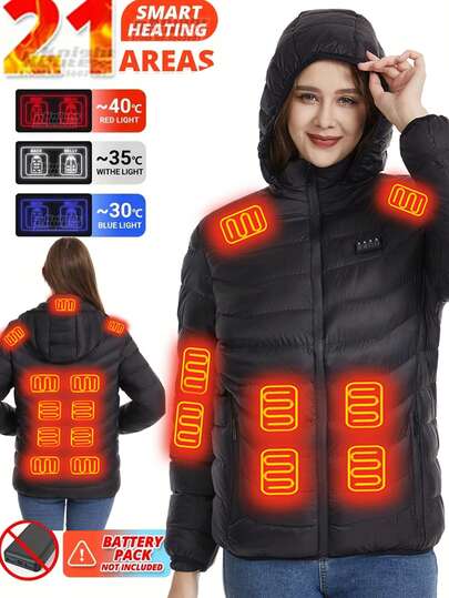 A Women's Heated Jacket, 21-Zone Heating Function On The Chest, Back, Sleeves And Collar, Hooded Long-Sleeved, Winter Outdoor Warm Equipment, Women's Open Lapel Zipper Top