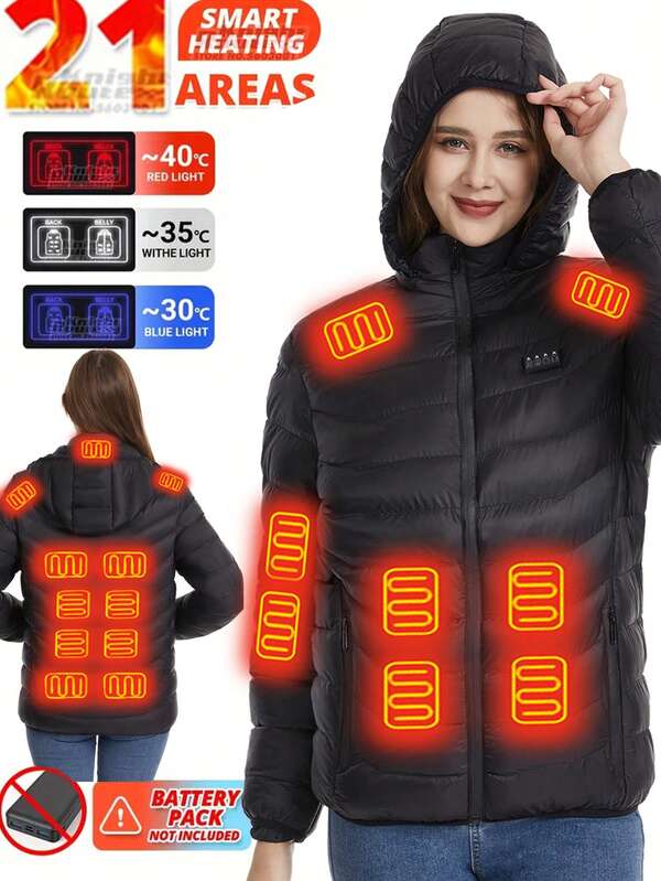 A Women's Heated Jacket, 21-Zone Heating Function On The Chest, Back, Sleeves And Collar, Hooded Long-Sleeved, Winter Outdoor Warm Equipment, Women's Open Lapel Zipper Top