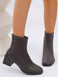 女士短靴，粗跟，高跟，白色细跟踝靴，法式风格 - 大地灰 - 查看 3