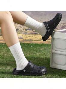 1 双男女款休闲透气一脚蹬凉鞋，轻便平底户外/室内拖鞋，适合情侣、海滩和海边 - 黑色 - 查看 4